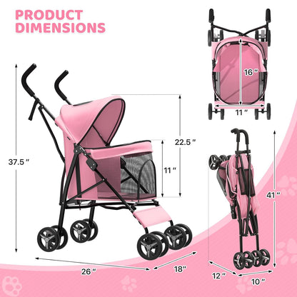 Magshion Compact Pet Stroller for Small-Medium Dogs/Cats up to 22lbs, 4-Wheel Lightweight Umbrella Shaped Portable Puppy Travel Jogger with Breathable Mesh, Cup Holder & Rear Storage, Black