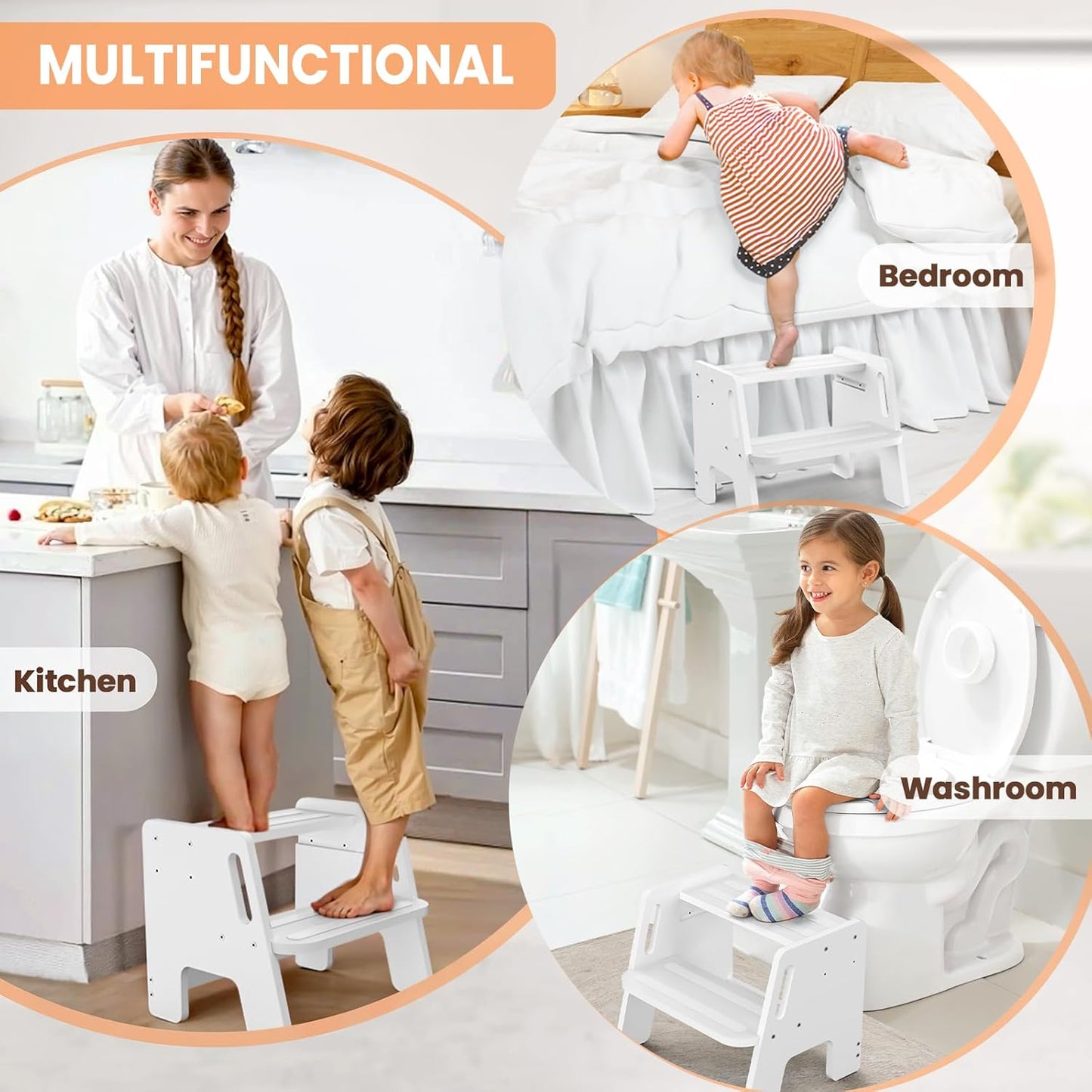 Toddler Step Stool, Wooden Height-Adjustable 2-Step Stool for Kids, Potty Training Stool with Handles for Bathroom Sink, Kitchen, Bedroom