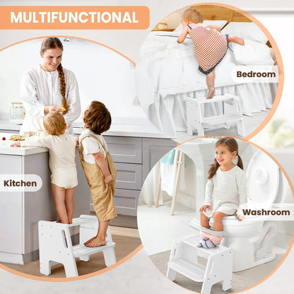 Toddler Step Stool, Wooden Height-Adjustable 2-Step Stool for Kids, Potty Training Stool with Handles for Bathroom Sink, Kitchen, Bedroom