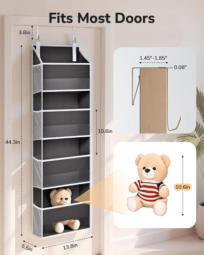 ULG 1 Pack Over Door Organizer with 5 Large and 10 Mesh Side Pockets, 44 lbs Weight Capacity Hanging Storage with Clear Window Kids Toys, Shoes, Diapers, Dark Grey, 5 Layers