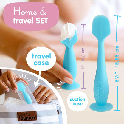 Bumco Mini Baby Diaper Cream Spatula with Case - BPA-Free Silicone Diaper Spatula with Suction Cup, Wipe-Clean Baby Bum Brush, Mom-Invented Butt Paste Applicator (Blue)