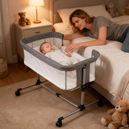 Baby Bassinet Bedside Sleeper, 2-in-1 Bedside Bassinet with Wheels, 5 Height Adjustable Baby Crib, Breathable Full Mesh & Mattress, Stable and Secure Bassinets for Newborn Infant, Grey
