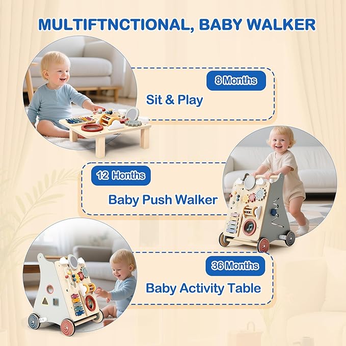 Detachable Baby Walker for Toddlers 1 Year Old Wooden Montessori Busy Board Adjustable Speed Push & Pull Walker Learning to Walk Activity Center Toy for Boys Girls 12 Months+ Baby Toys Birthday Gifts