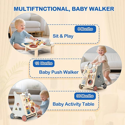 Detachable Baby Walker for Toddlers 1 Year Old Wooden Montessori Busy Board Adjustable Speed Push & Pull Walker Learning to Walk Activity Center Toy for Boys Girls 12 Months+ Baby Toys Birthday Gifts