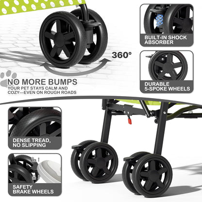 MoNiBloom 4 Wheels Pet Stroller, Easy-Fold Puppy Cage Jogger Stroller with Sun Cover, Pad and Rear Storage Bag, Breathable and Visible Mesh for Small/Medium Pets up to 22 lbs, Black