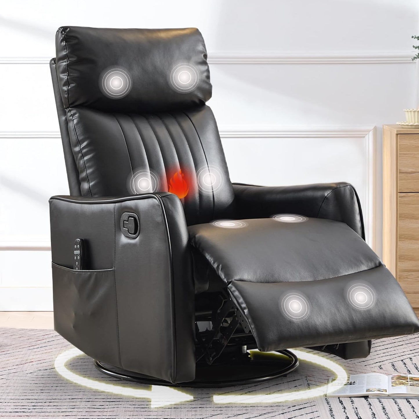 cinkehome Swivel Rocker Recliner, Glider Rocker Recliner Chair for Nursery, Manual Reclining Chair with Heated Massage, Small Spaces, Living Room, Khaki Chenille
