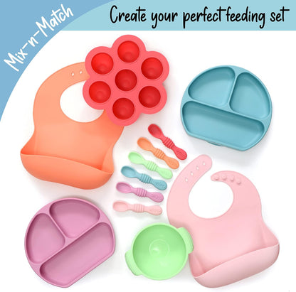 PrimaStella Unbreakable Silicone Non-Slip Bowl and Chew Spoon Set for Babies and Toddlers (Rainbow Swirl)