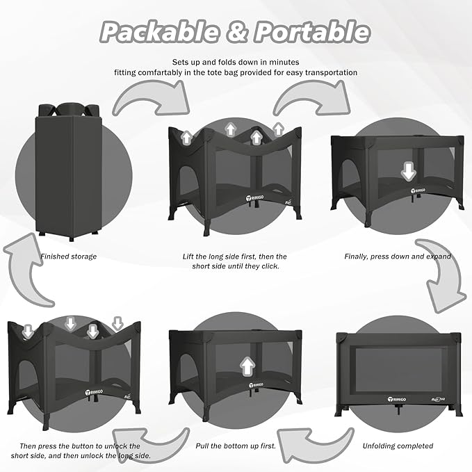 Portable Travel Crib & Playpen - Baby Safe Folding Travel Bed w/Mattress, Breathable Mesh | Compact Lightweight Baby Bed | Pack and Play for Babies & Toddlers (Black)