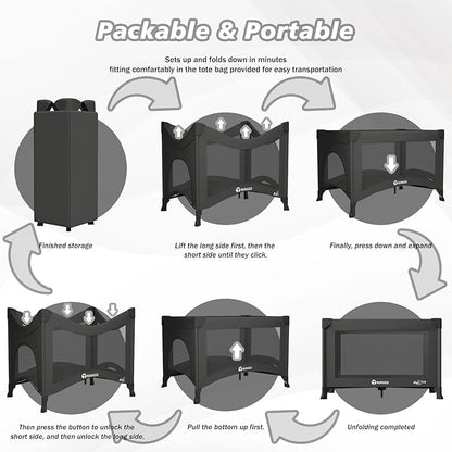 Portable Travel Crib & Playpen - Baby Safe Folding Travel Bed w/Mattress, Breathable Mesh | Compact Lightweight Baby Bed | Pack and Play for Babies & Toddlers (Black)