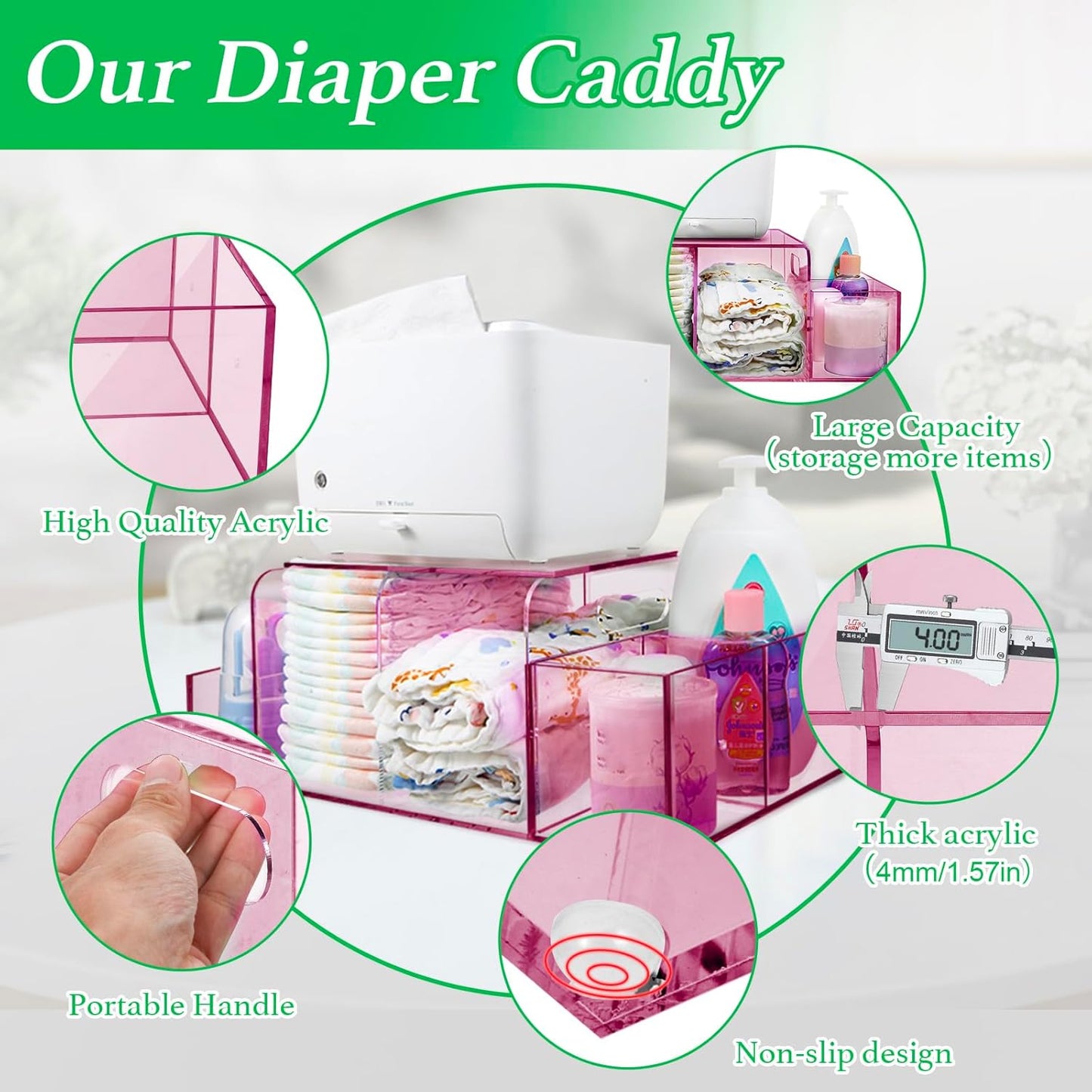 NANYEZH Acrylic Diaper Caddy, Baby Wipes Organizer for Changing Table, Dresser Top Tabletop Organizer with 4 Detachable Compartments, Anti-slip Rubber Feet, Newborn Baby Essentials, Clear