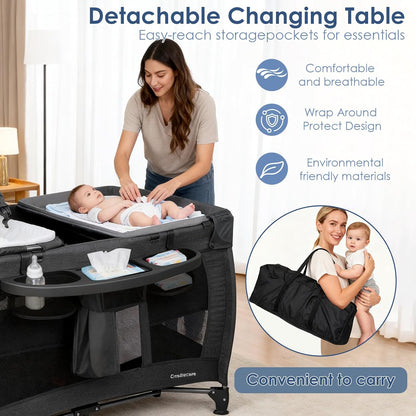 3 in 1 Pack and Play, Baby Bassinet, Changing Tabler - Portable Baby Playpen for Babies and Toddlers, Foldable Playard with Locking Wheels & Storage Diaper Basket(Black)