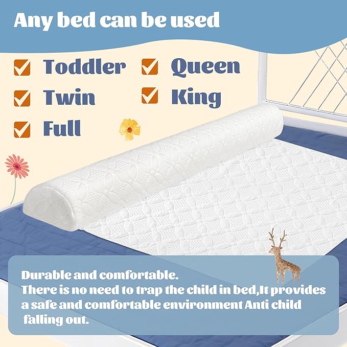 Asatdd Waterproof Bed Rail for Toddlers, Bed Guard Rail, Soft Memory Foam Toddler Bed Bumper for Twin, Full, Queen, King Beds with Washable Cover, 1 Pack