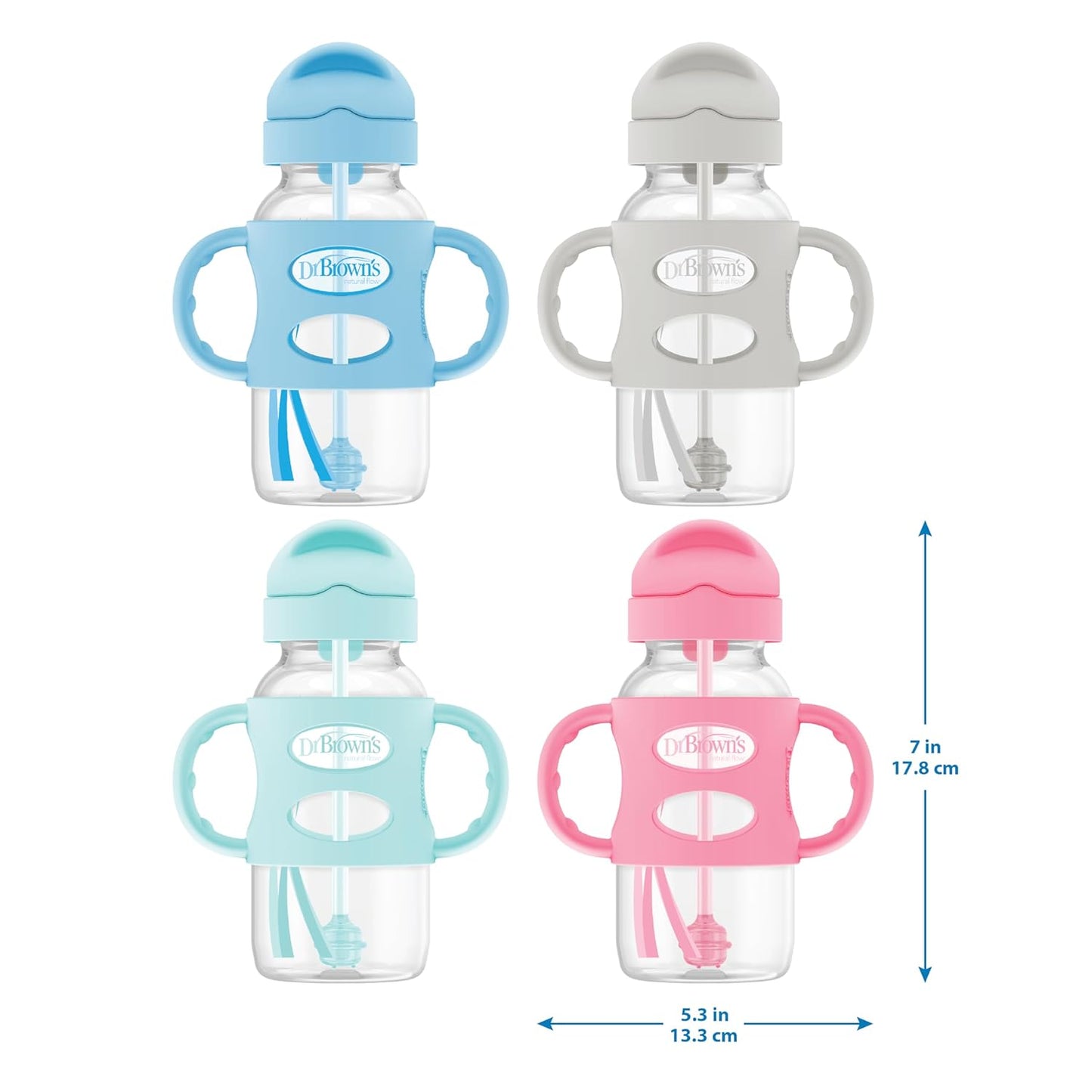 Dr. Brown's Milestones Wide-Neck Sippy Straw Bottle, Spill-Proof with 100% Silicone Handles and Weighted Straw, 9 oz/270 mL, Gray & Pink, 6m+, 2-Pack