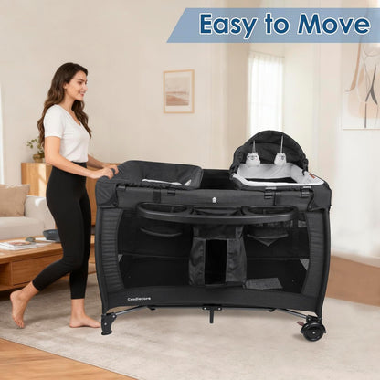3 in 1 Pack and Play, Baby Bassinet, Changing Tabler - Portable Baby Playpen for Babies and Toddlers, Foldable Playard with Locking Wheels & Storage Diaper Basket(Black)