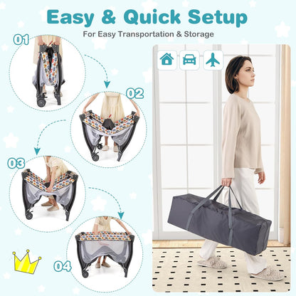 HONEY JOY Pack and Play with Bassinet, 4-in-1 Portable Baby Playard with Changing Table, Net & Cute Toys, Diaper Storage Bag, Music Box, Wheels with Brake, Foldable Newborn Play Yard w/Carry Bag