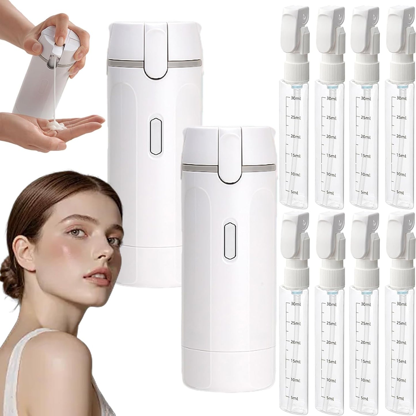 4 in 1 Travel Dispenser Bottle, 4 Pack 30ML Refillable Travel Formula Dispenser Bottles Pump, for Toiletries, with Scale Label Shampoo Lotion Conditioner Cream Storage (Green*2)