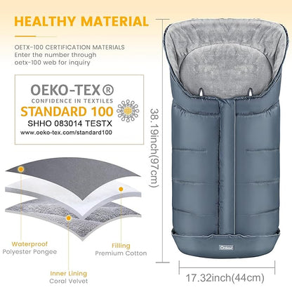 Orzbow Warm Bunting Bag Universal, Stroller Sleeping Bag Cold Weather, Waterproof Toddler Footmuff (Grey, Large)
