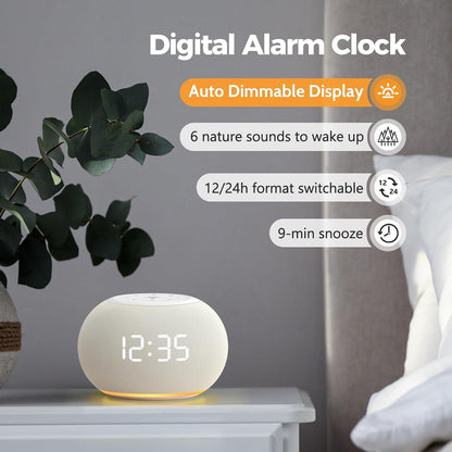 Reacher Auto-Dimmable Alarm Clock White Noise Machine with Night Light, 20 Soothing Sounds, Sleep Timer, Fabric LED Display, Precise Volume Control, Small Sound Machine for Nursery, Baby