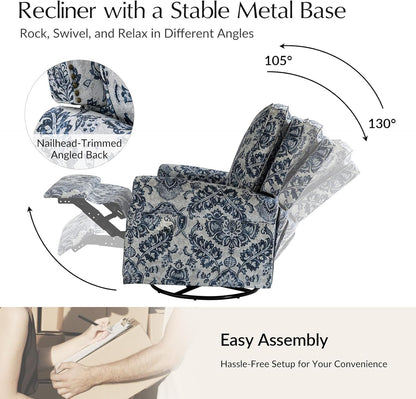 HULALA Home Modern Rocker Recliner, Printed Fabric Swivel Glider with Adjustable Backrest & Footrest, JEACOBEAN