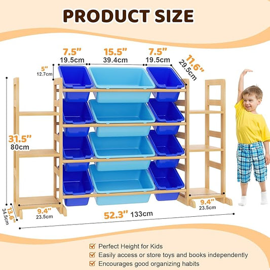 Large Toy Storage Organizer Kids Toy Organizer and Bookshelf Combo with 12 Bins and 6 Shelves Toy Organization Box Toy Shelf for Playroom, Bedroom, Nursery