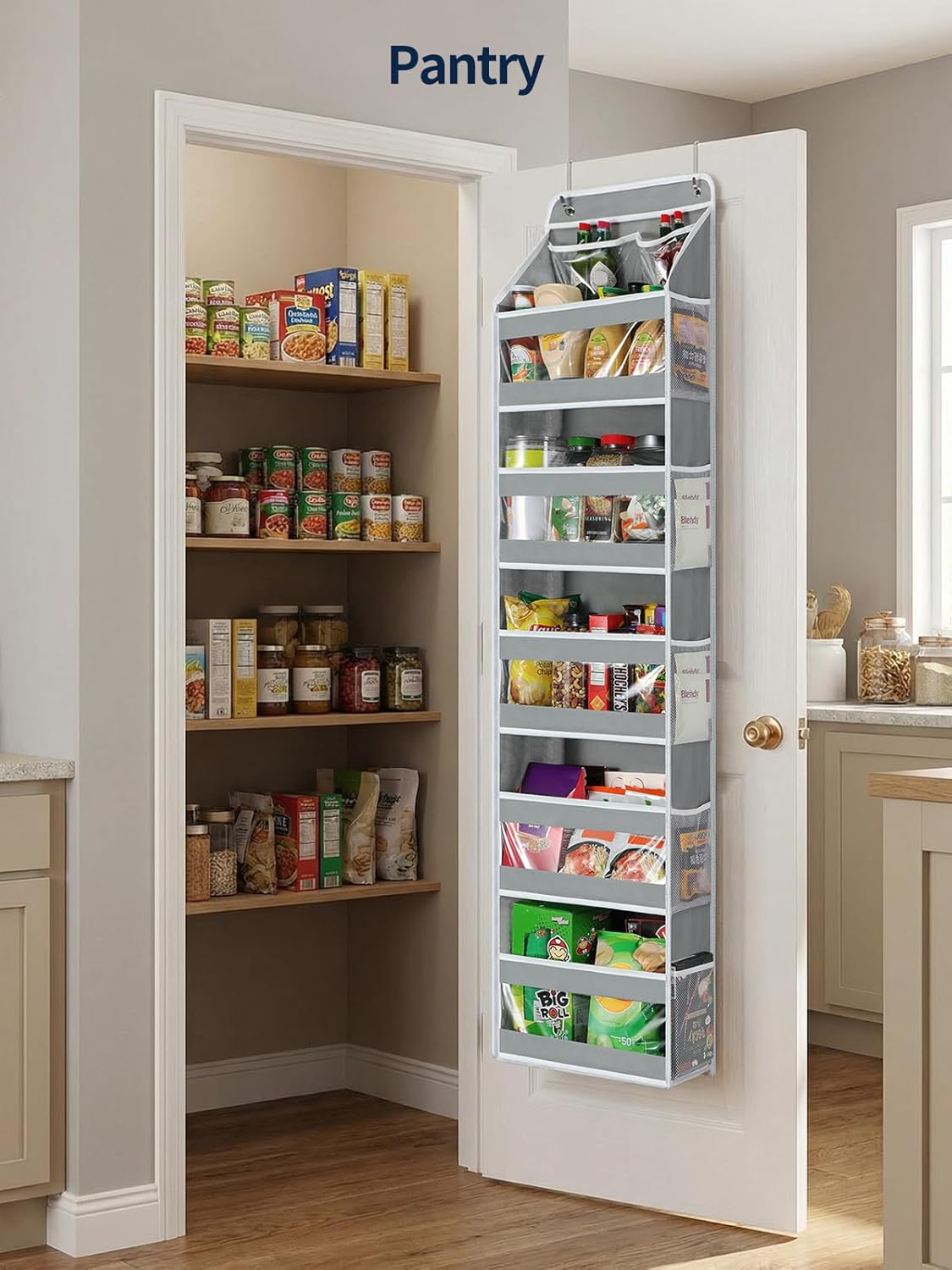 Yecaye 5 Tier 1Pc Over the Door Organizer, Stuffed Animal Storage with Clear PVC Windows, Door Organizer Hanging for Bedroom Nursery Closet Dorm Room Laundry Pantry Bathroom, Grey