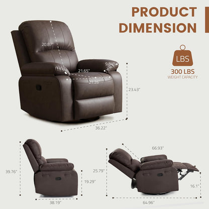 Leather Swivel Rocker Recliner Chair, Traditional Manual Chair, Upholstered Nursery Glider Rocking Recliner, Comfy Faux Leather Single Sofa with Pocket Spring for Living Room, Camel