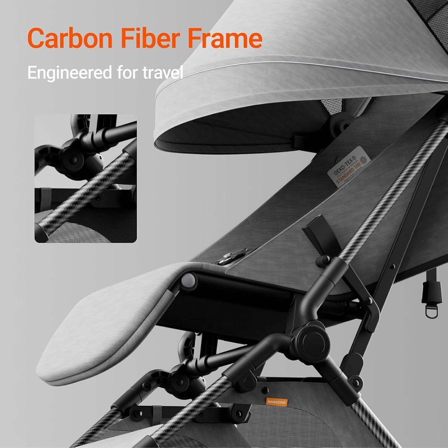 MAMAZING Ultra Air Lightweight Baby Travel Stroller with Carbon Fiber Frame, Compact & Airplane-Friendly, One-Handed Fold, 11.6 lbs, Perfect for Toddlers, Grey
