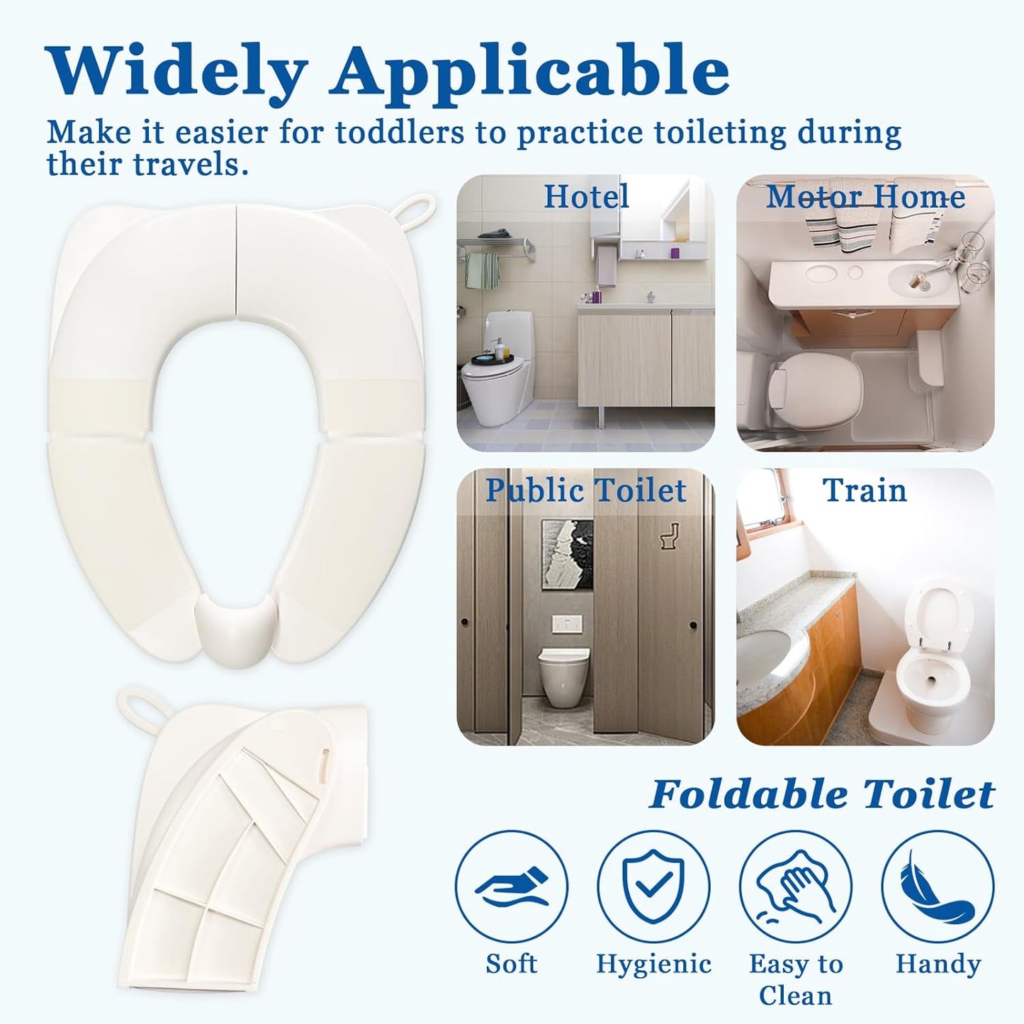Portable Folding Toilet Seat for Kids, Travel Potty Training Helper, Training Urine Anti Slip Toilet Seat Cover with Splash Guard Includes Free Storage Bag, Fits Most Toilets - White
