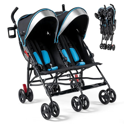 BABY JOY Double Umbrella Stroller, Lightweight Travel Side by Side Twin Stroller with Large Storage, Cup Holder, 5-Point Safety Harness, Adjustable Canopy & Compact Fold for Infant and Toddler (Black)