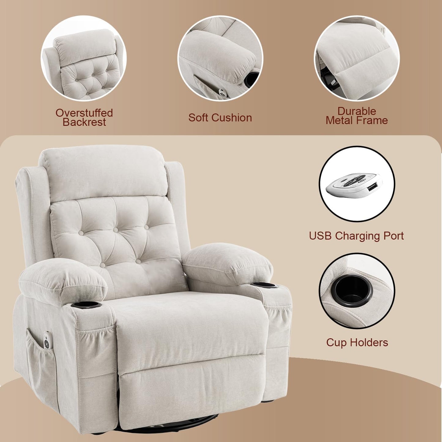Rocker Recliner Chair with Massage and Heat, Oversized Rocking Nursery Recliners Overstuffed Swivel Glider with Cup Holder, Fabric Manual Single Sofa for Living Room, Beige