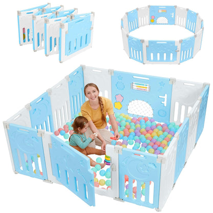 Baby Playpen, Dripex Baby Playard for Babies and Toddlers, 14-Panel Foldable Playpen Adjustable Portable Play Area, Indoor/Outdoor Kids Active Center with Game Panel & Safety Gate, Grey White