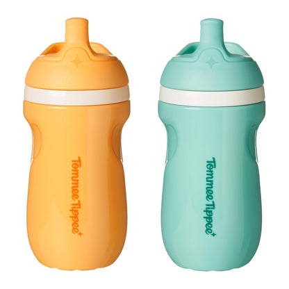 Tommee Tippee Insulated 9oz Sporty Spout Toddler Water Bottle, No Spill, Sippy Cups for Toddlers 1-3, Two-Piece Valve Helps Stop Spills, Green & Teal, BPA Free, Pack of 2