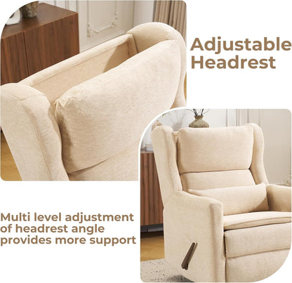Large Glider Rocker Recliner,Rocking Chair Nursery with Adjustable Headrest,Swivel Rocker Recliner with Lumbar Support,Manual Nursery Rocker Recliner for Living Room& Bedroom,Chenille White