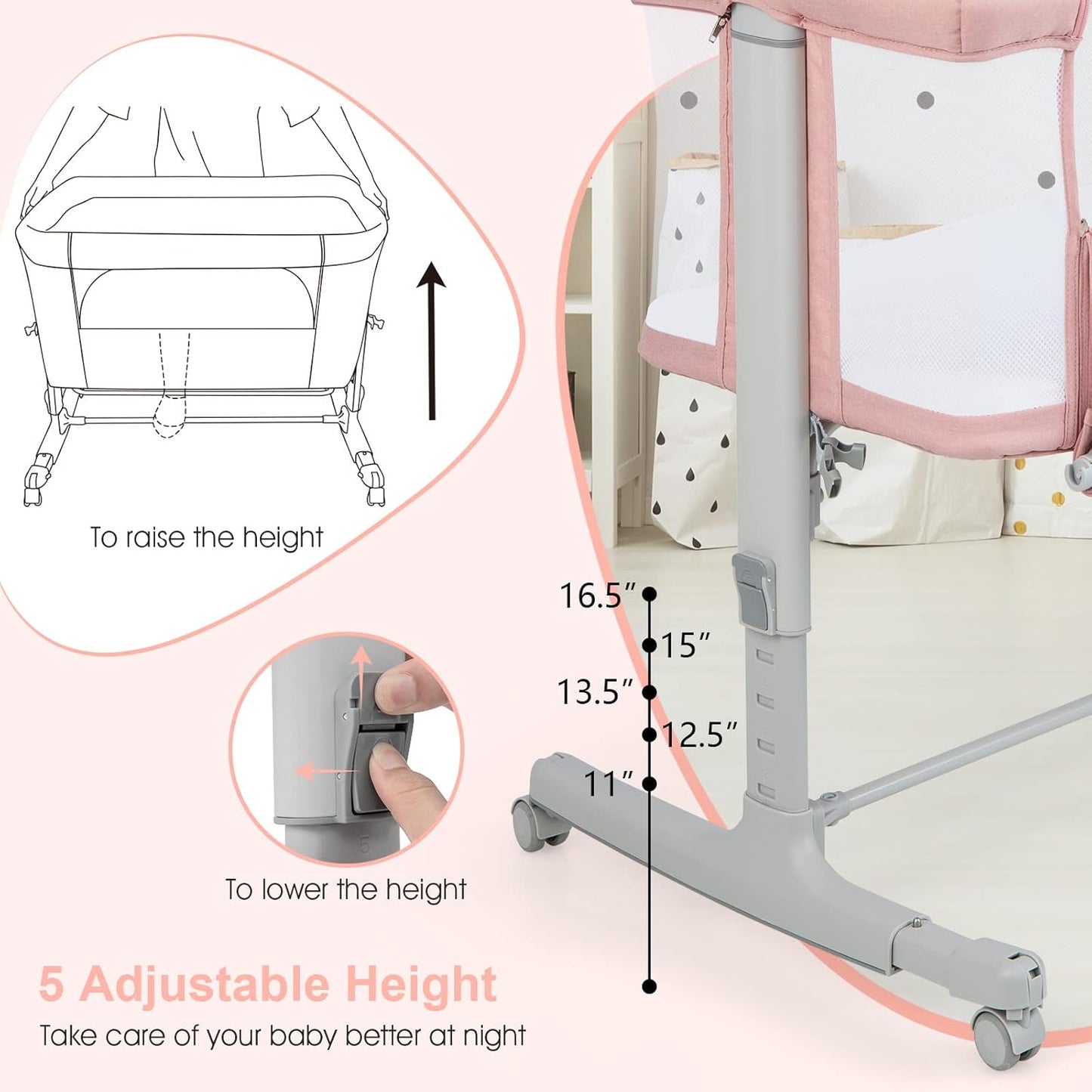 INFANS 3 in 1 Baby Bassinet, Bedside Sleeper for Newborn, Folding Crib with Mattress, Travel Bag, Wheels, 4-Sided Mesh, Easy to Assemble Cradle Co Sleeper Stationary, Rock (Dark Grey)
