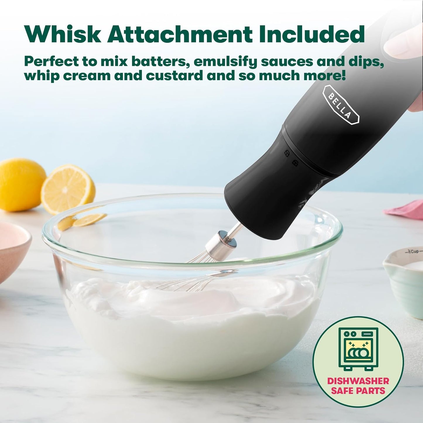 BELLA Immersion Hand Blender, Portable Mixer with Whisk Attachment - Electric Handheld Juicer, Shakes, Baby Food and Smoothie Maker, Stainless Steel, Black