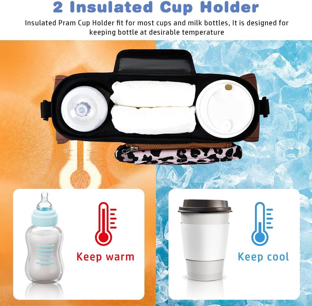 Baby Stroller Organizer, Universal Stroller Organizer with Detachable Phone Bag, Stroller Caddy with 2 Insulated Cup Holders, Buggy Organizer Bag with 2 Hooks Fits Most Strollers (Balck)