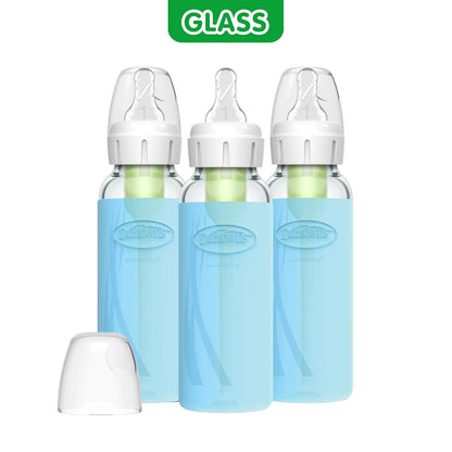 Dr. Brown's Anti-Colic Options+ Narrow Glass Baby Bottles 8 oz/250 mL, with Level 1 Slow Flow Nipple, 3 Pack 0m+ with Mint 100% Silicone Sleeves, BPA-Free