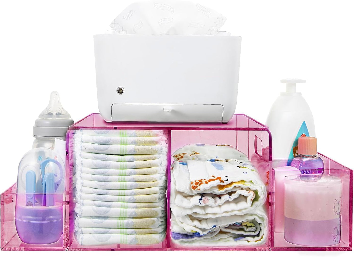 NANYEZH Acrylic Diaper Caddy, Baby Wipes Organizer for Changing Table, Dresser Top Tabletop Organizer with 4 Detachable Compartments, Anti-slip Rubber Feet, Newborn Baby Essentials, Clear