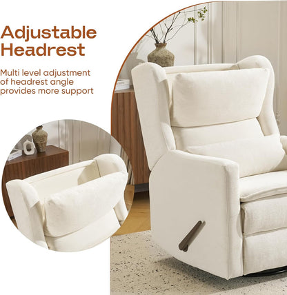 Power Recliner Chair Swivel Glider with Adjustable Headrest，Oversized Swivel Rocker Recliner with Lumbar Support, Upholstered Nursery Glider Recliner for Living Room,White