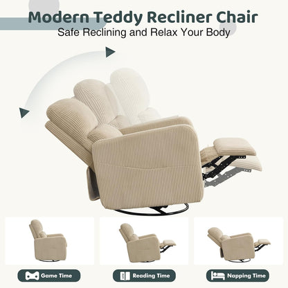 Swivel Rocker Recliner, Oversized Boucle Glider Recliner Nursery, Manual Swivel Rocking Reclining Chairs with Removable Cushion and Lumbar Support for Nursery Living Room Bedroom, Teddy White