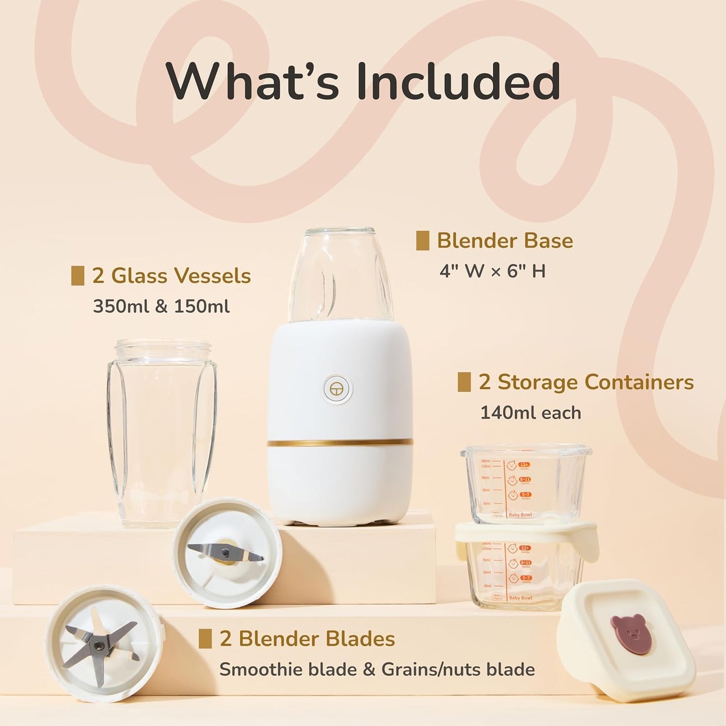 Bubble Blender, Baby Food Maker & Puree Blender with 2 Borosilicate Glass Cups, Compact Baby Bullet for Smoothies, Hands-Free One-Touch, 200W Motor, Rose