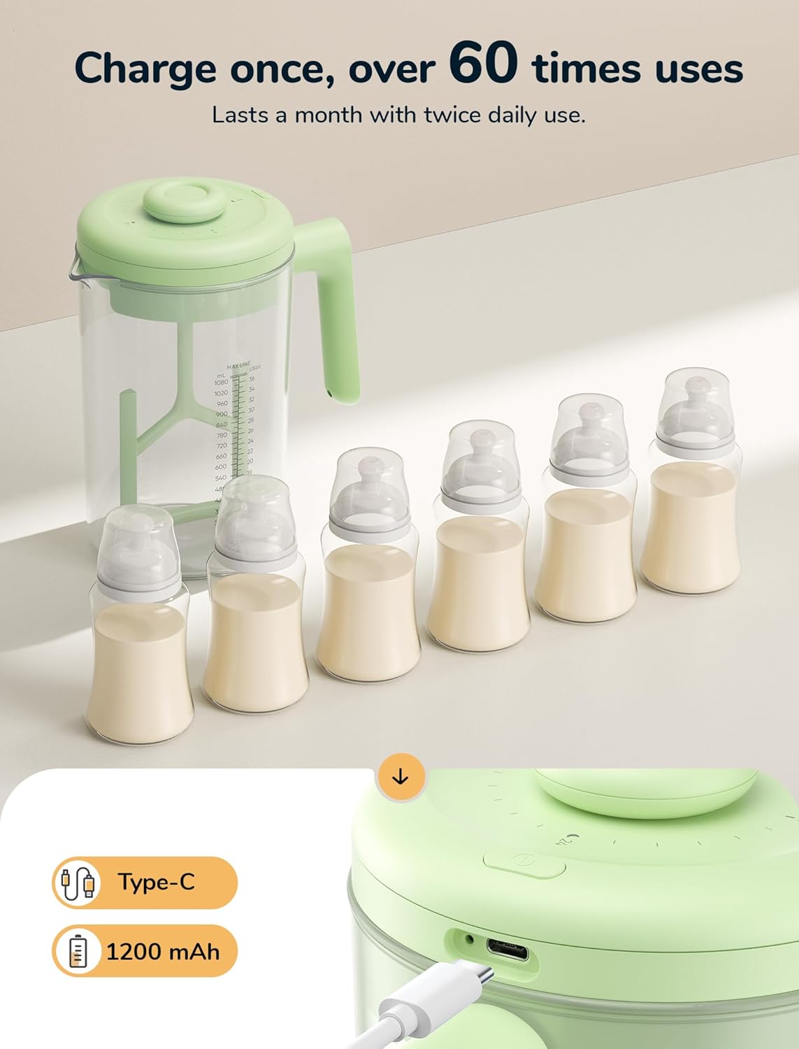 Electric Formula Pitcher, 36 oz Baby Formula Mixing Pitcher, Automatic Baby Formula Mixer, Bidirectional Stirring Breastmilk Pitcher, Locking Lid Smooth Formula Maker Milk Storage for Fridge（Green)