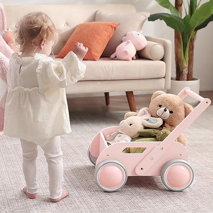 HOMEKOL Wooden Baby Walker,Baby Push Walker, Adjustable Speed Baby Walker for Boys and Girls, Baby Activity Center, Gift for Birthday, Christmas and New Year Pink