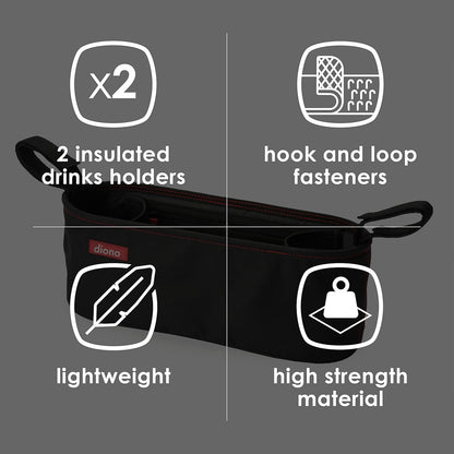 Diono Buggy Buddy Universal Stroller Organizer with Cup Holders, Secure Attachment, Zippered Pockets, Safe & Secure, Gray