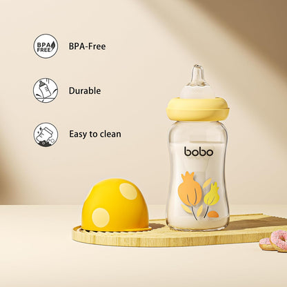 YOHKOH Natural Glass Baby Bottle with Level 1 Slow Flow Nipple, Newborn Anti-Colic Baby Bottles, Wide Neck Mushroom Baby Glass Bottle (Multicolour-A, 3.4oz (Pack of 4))