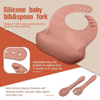 10 Pack Silicone Baby Feeding Set, Toddlers Led Weaning Feeding Supplies with Suction Baby Bowl Divided Plate Adjustable Bib Soft Silicone Spoon Fork, Infant Self Eating Utensil Set (Gray, Khaki)