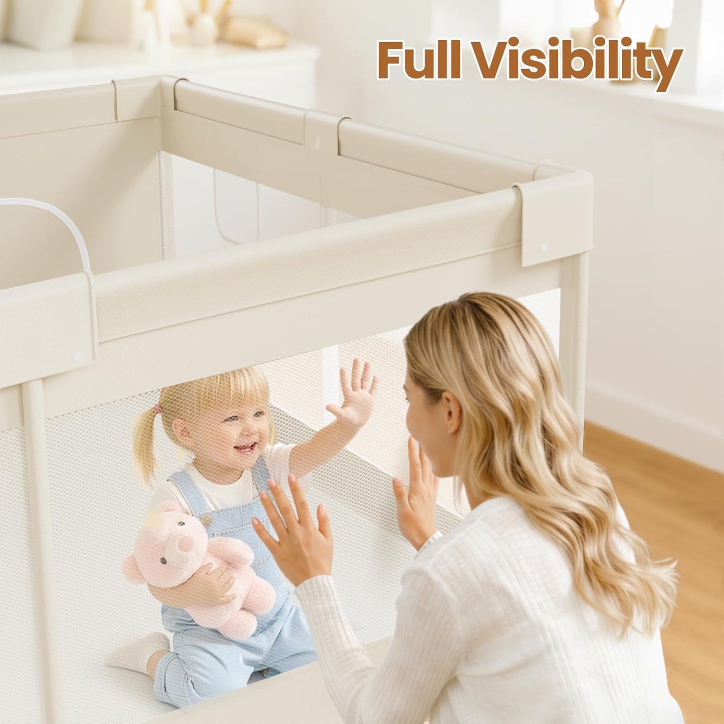 Uanlauo Beige Small Baby Playpen - 47x47in Playpen for Babies and Toddlers, Safe Indoor Play Pen, Baby Pen with Storage Bag and Breathable Mesh