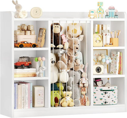 Toddler Stuffed Animal Zoo, Toy Storage Organizer for Playroom, Plush Toy Organizers and Storage, Book Shelf for Kids Rooms, Elastic Band Child Bookcase, Toy Shelf with 8 Storage Cubbies (White)