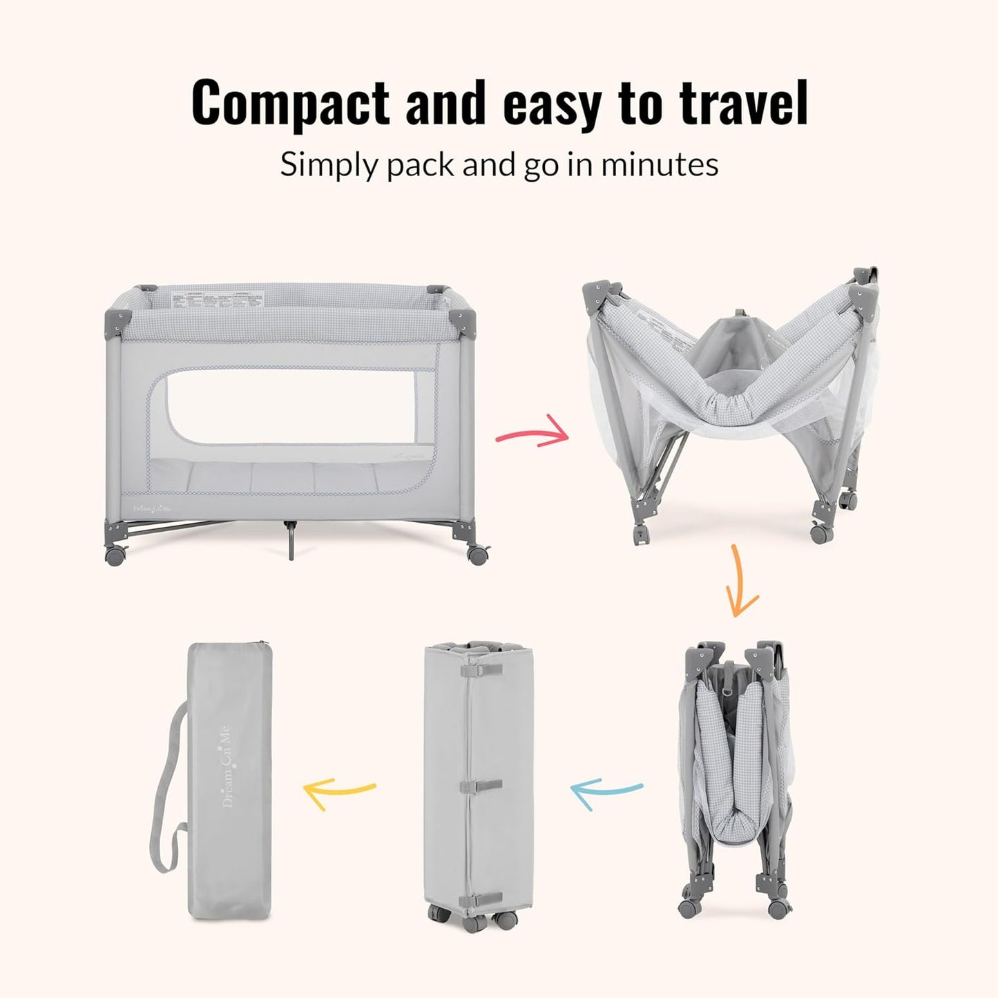 Dream On Me EZGo Portable Playard, Tool-Free Assembly, Easy One-Step Fold, Breathable Mesh Sides, Removable Mattress Pad & Smooth Locking Wheels, Travel Carry Bag Included – Black & White