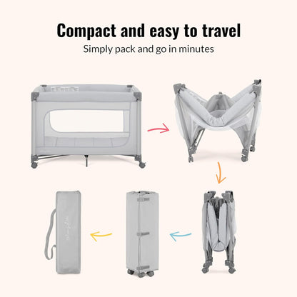 Dream On Me EZGo Portable Playard, Tool-Free Assembly, Easy One-Step Fold, Breathable Mesh Sides, Removable Mattress Pad & Smooth Locking Wheels, Travel Carry Bag Included – Black & White